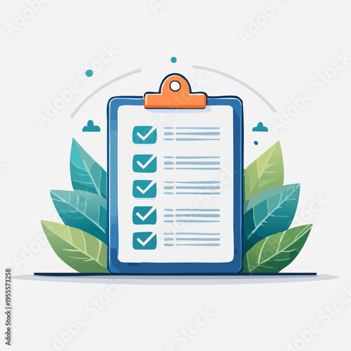 Clipboard checklist with completed tasks and green leaves.