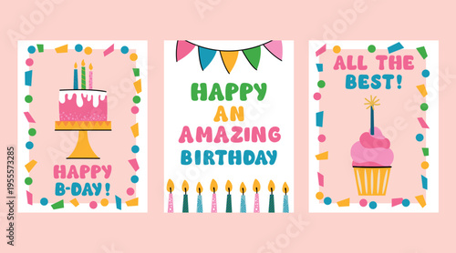 All the best greeting card with cupcake and confetti, cake, candles.