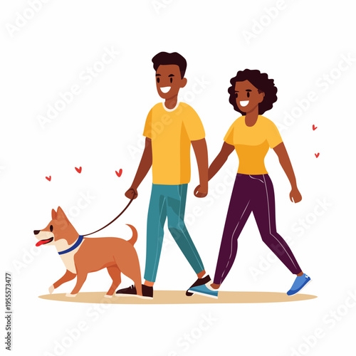 Couple walking dog together, enjoying outdoor activity, happy lifestyle.