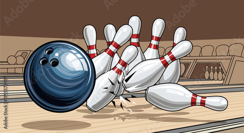 Cartoon bowling ball knocking down pins in a strike at a bowling alley