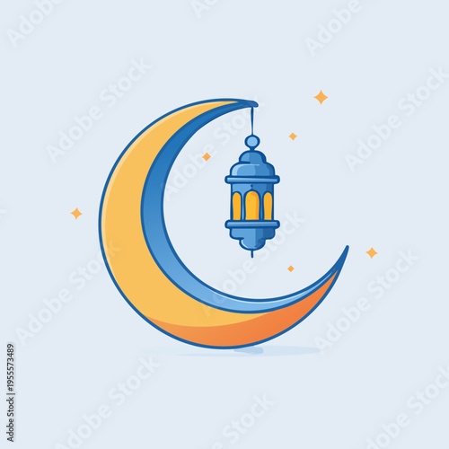 Crescent Moon with Hanging Lantern and Stars.