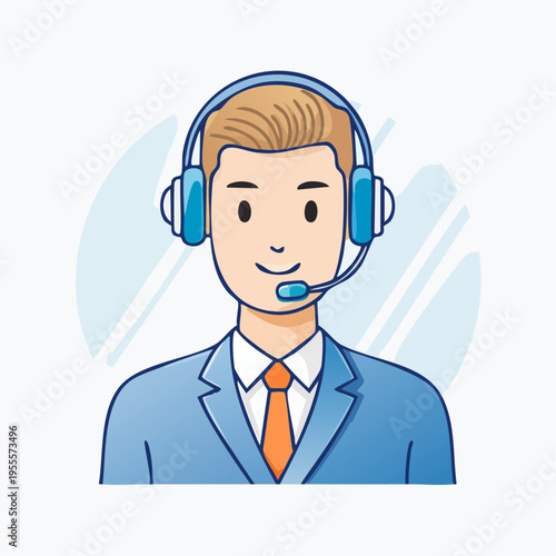 Customer service representative wearing headset and suit.