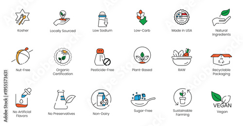Comprehensive clean eating and vegan dietary vector line icon bundle, featuring organic certification, plant-based, raw food, and nut-free packaging badges.