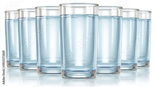 Clear Glasses of Water Arranged Neatly on White Background