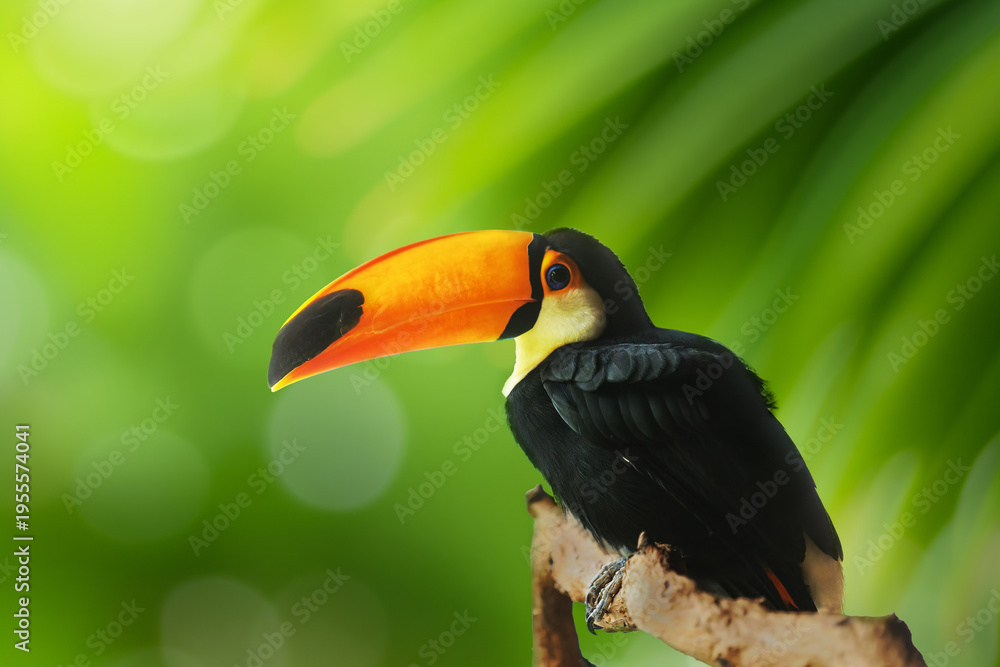 Obraz premium Tropical Toucan with Vibrant Orange Beak on a Blurred Green Background