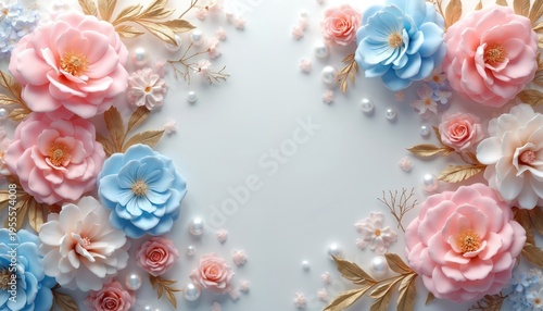 Soft pink and blue flowers with pearls and gold leaves. Gentle floral arrangement on white background. Elegant, delicate, decorative, feminine, romantic.