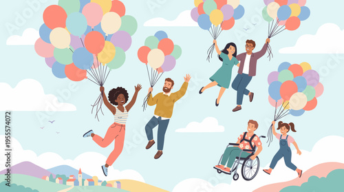 Happy community flying with balloon bunches in playful cloudscape