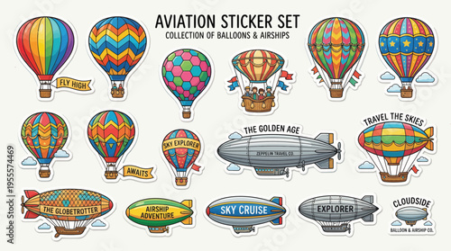 Vintage aviation sticker set with colorful hot air balloons and badges