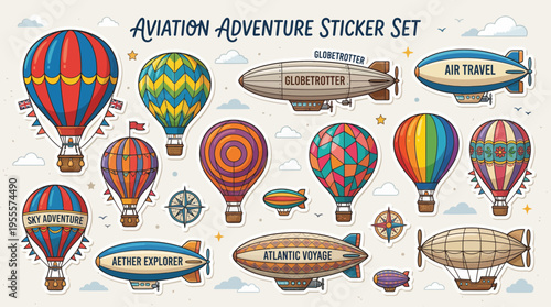 Aviation adventure sticker pack with balloons airship and labels