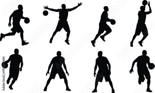 Set of silhouette illustrations showing professional basketball players in various active game poses, dribbling, jumping, and shooting, isolated on a clean white background design.