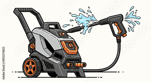 Modern pressure washer machine with spray wand and water splash