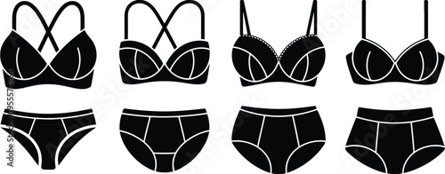 Set of various black silhouettes of different styles of women lingerie bras and matching panties isolated on white background, Vector, illustration