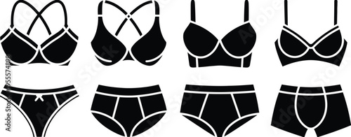 Collection of various black silhouette icons representing different styles of women lingerie items isolated on white background, Vector, illustration