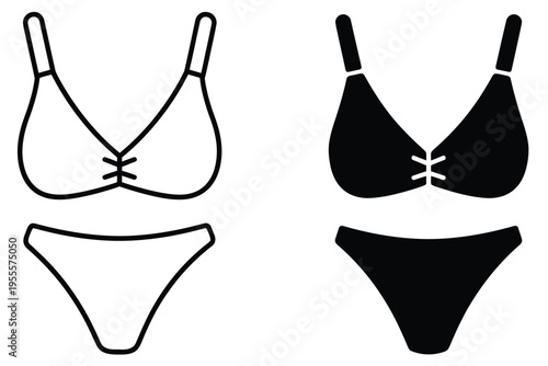 A set of simple two-piece bikini icons featuring both outlined and solid black graphic designs isolated on white background, Vector, illustration