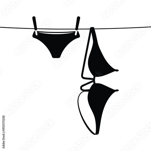 Black silhouette illustration of a feminine bikini set hanging on a clothesline for laundry day isolated on white background, Vector, illustration