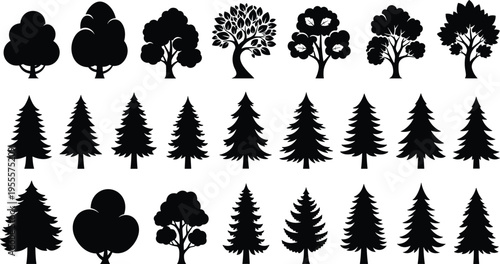 Black Tree Silhouettes Vector Icon Set Featuring Pine Spruce Oak and Forest Trees for Nature Landscape Design Environmental Graphics and Logos