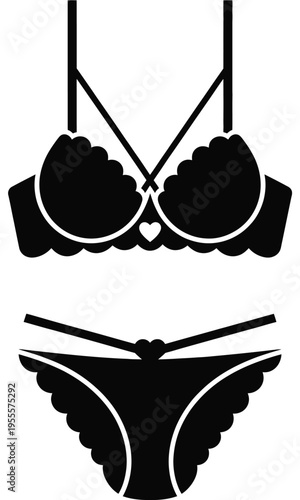 Black lingerie set featuring a scalloped edge bra and matching panty with decorative heart accents isolated on white background, Vector, illustration