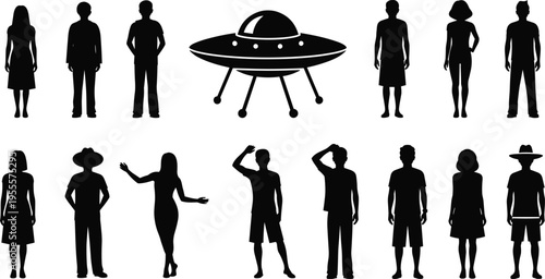 Black UFO Spaceship with Diverse Group of People Silhouettes Vector, Extraterrestrial Alien Abduction Concept, Sci-Fi Mystery Character Collection for Graphic Design