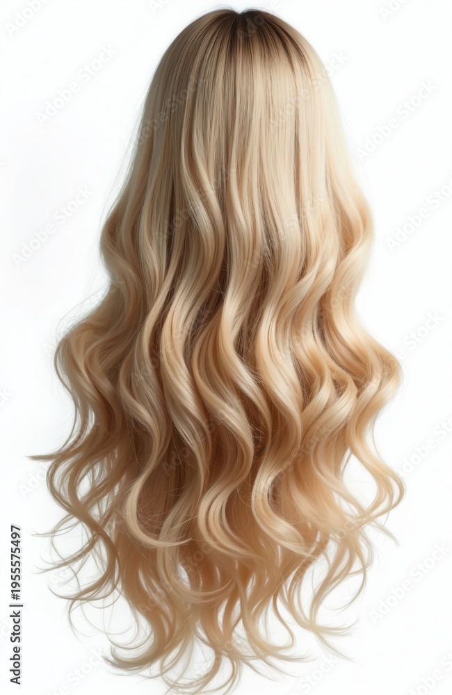 Naklejka premium Long wavy blonde hair wig on white background. This realistic hairpiece offers volume and style for fashion and beauty needs. Perfect for transforming looks or adding glamour.