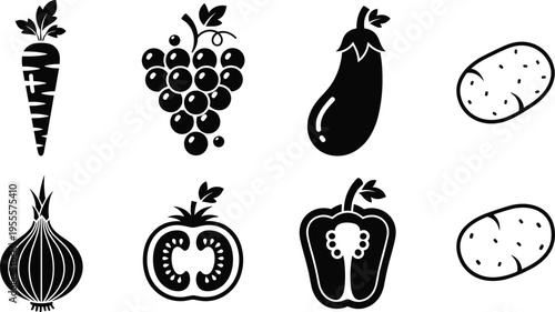Black Vegetable and Fruit Silhouette Vector Set Featuring Carrot Grapes Eggplant Potato Onion Tomato and Bell Pepper for Healthy Eating Design