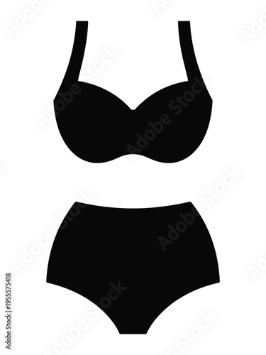 A simple black silhouette icon of a two piece vintage style high waisted bikini set for women isolated on white background, Vector, illustration