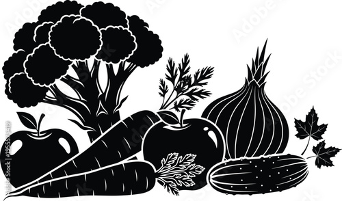 Black Vegetable and Fruit Silhouettes Vector Set Featuring Broccoli Carrots Onion Apple and Cucumber for Healthy Food Design Kitchen and Market