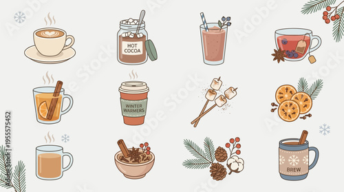 A delightful collection of cozy winter drinks, hot beverages, and festive holiday elements in a charming illustration style.