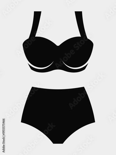 A minimalist black silhouette icon representing a two piece swimsuit with a high waisted bottom isolated on white background, Vector, illustration