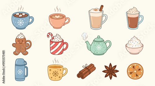 A collection of cute cartoon illustrations featuring various warm winter drinks like hot chocolate, coffee, and tea, along with festive spices and a gingerbread man.