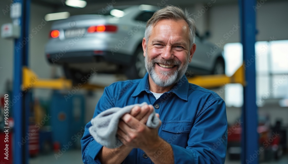 Obraz premium Happy caucasian mechanic smiles wiping hands with rag in auto repair shop. Experienced car service professional. Small business owner satisfied with work completed. Vehicle maintenance, repair