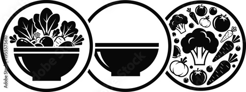 Black Vegetable Salad Bowl Icon Set, Healthy Organic Food Symbols for Nutrition Planning, Vegetarian Meal Icons for Diet and Wellness Graphics