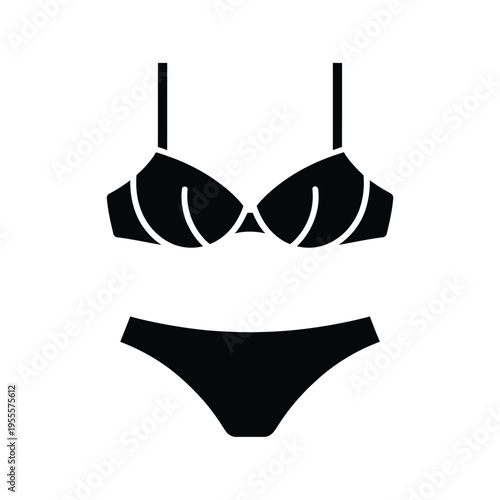 A minimalist black silhouette icon representing a two piece bikini set for swimming or beach wear isolated on white background, Vector, illustration