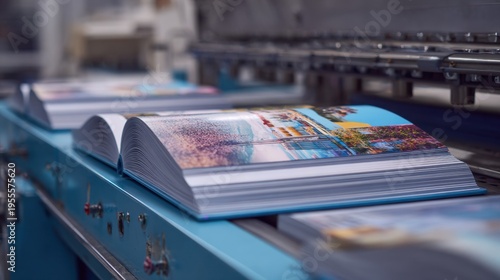 Open printed books with colorful pages move along a blue conveyor belt in a printing facility