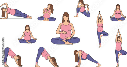 Pregnant Woman Yoga Poses Collection Featuring Prenatal Fitness Exercises, Stretching, Meditation, and Wellness Activities for Healthy Pregnancy Lifestyle