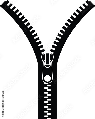 A black clothing zipper graphic with the slider positioned midway to reveal an open upper section isolated on white background, Vector, illustration
