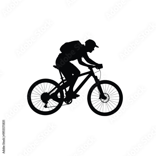 A black silhouette of a mountain biker wearing a cap and carrying a backpack on a trail bicycle isolated on white background, Vector, illustration