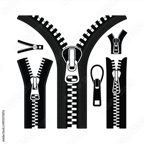 A collection of various black zipper designs featuring different styles and fastening mechanisms isolated on white background, Vector, illustration