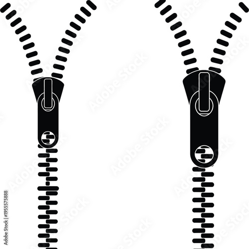 Two black zipper fasteners with open metal teeth tracks designed for clothing and bag accessories isolated on white background, Vector, illustration