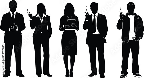 Silhouette illustration of five people smoking, contrasting formal business attire with casual clothing, highlighting lifestyle habits, social behavior, and cultural commentary on smoking.