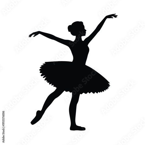 A graceful silhouette of a female ballet dancer performing a classical pose in a traditional tutu isolated on white background, Vector, illustration