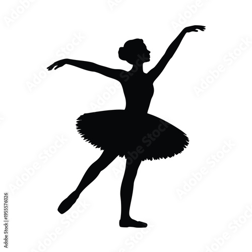 A graceful silhouette of a female ballet dancer performing a classic pose in a traditional tutu isolated on white background, Vector, illustration