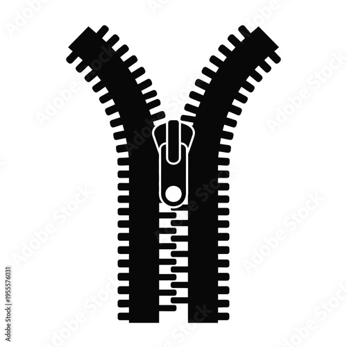 A black silhouette of a garment zipper with the slider partially open showing interlocking teeth isolated on white background, Vector, illustration