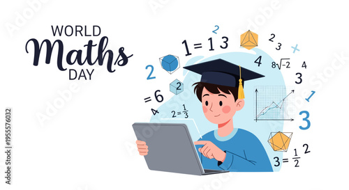 Illustration of a student in a graduation cap using a laptop surrounded by mathematical equations and symbols on World Maths Day