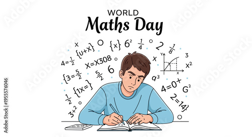 Illustration of a student solving mathematical equations on a desk with a thoughtful expression, surrounded by floating math symbols and formulas on a World Maths Day design with a clean