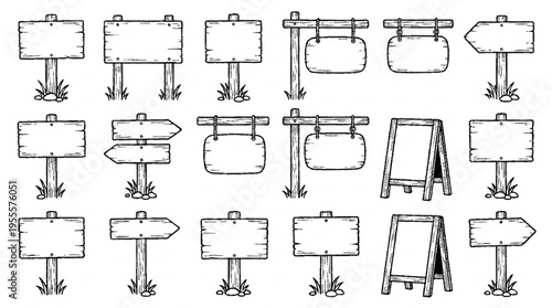 Collection of hand drawn wooden signboards and notice boards on posts and stands blank for custom text rustic farm market style isolated