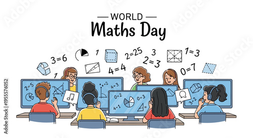 Illustration of students learning mathematics on computers for World Maths Day with mathematical equations and symbols around them in a colorful and educational setting.