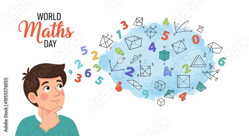 Illustration of a man thinking about math concepts and symbols on World Maths Day with a creative and educational mood.