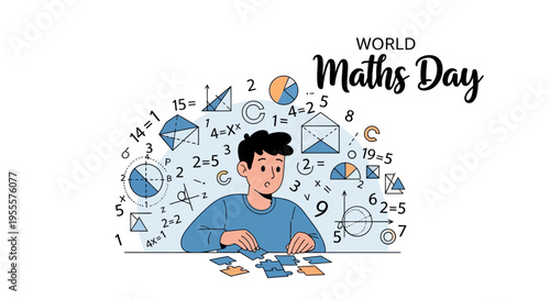 Illustration of a young man solving mathematical equations surrounded by geometric shapes and math symbols on World Maths Day.