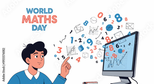 A young man interacts with mathematical symbols and equations on a computer screen for World Maths Day, with a colorful and educational design.
