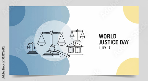 World justice day graphic design with scales and building on blue background